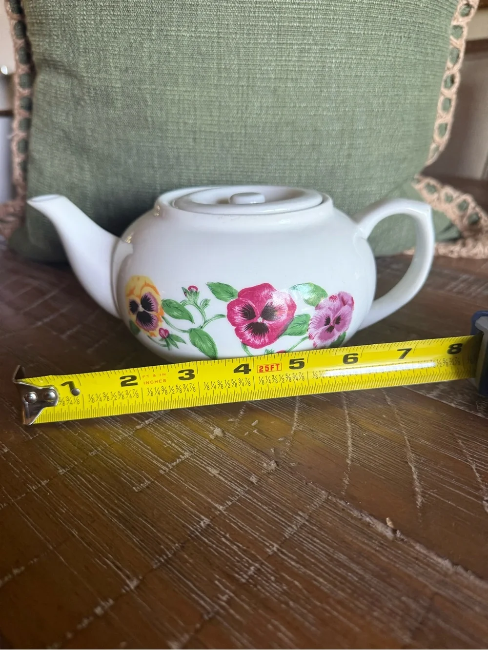 White Ceramic Teapot with Pink Floral Pansy Motif